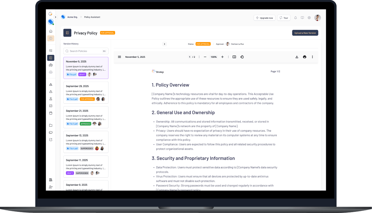 EthosOne PolicyAI policy library for day-to-day policy and compliance operations.