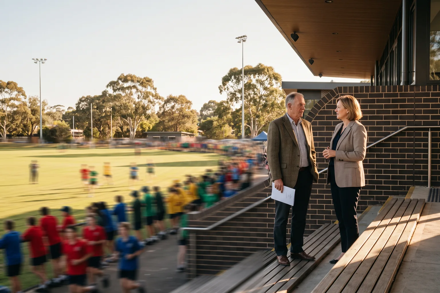 The board chair and principal talking quietly in the grandstand at the school athletics carnival.