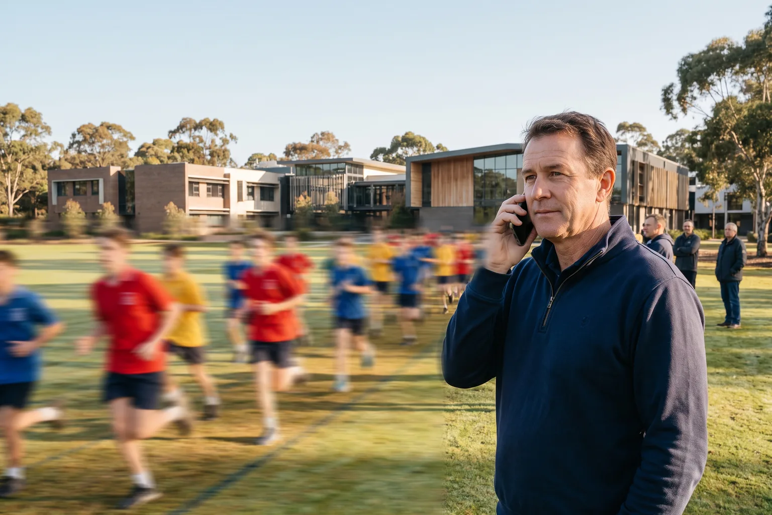 The director of a school group on a call at the oval as an inter-campus cross-country race streams past.