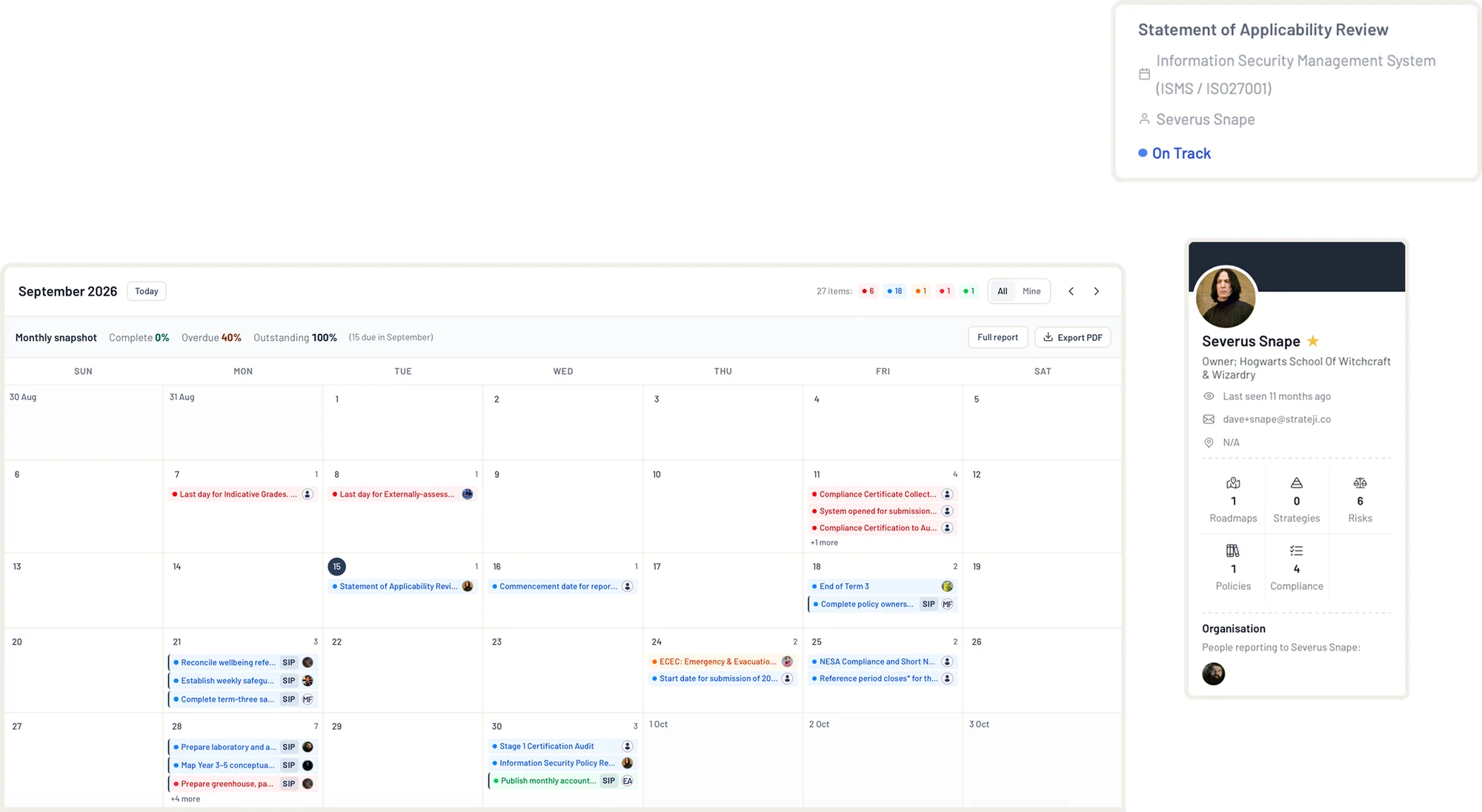 A month of compliance obligations on the calendar, each dated and owned.